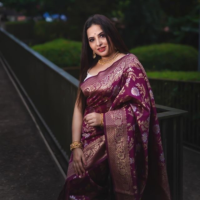 Attractive Wine Floral Printed Banarasi Soft Silk by Icultuer