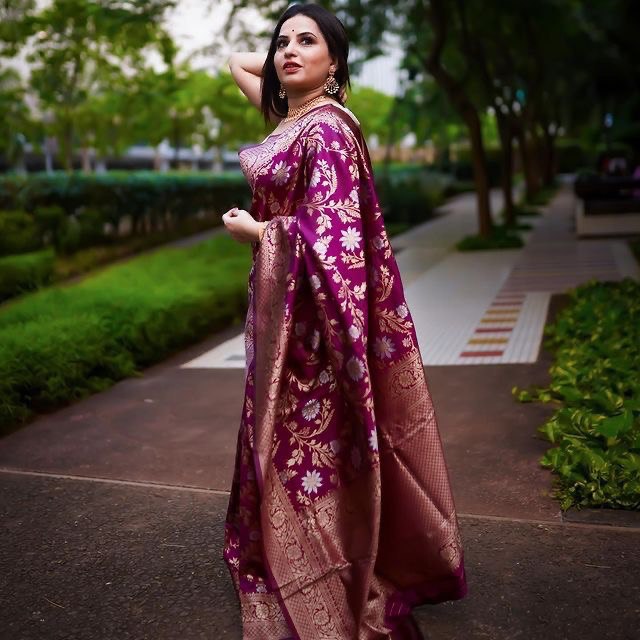 Attractive Wine Floral Printed Banarasi Soft Silk by Icultuer