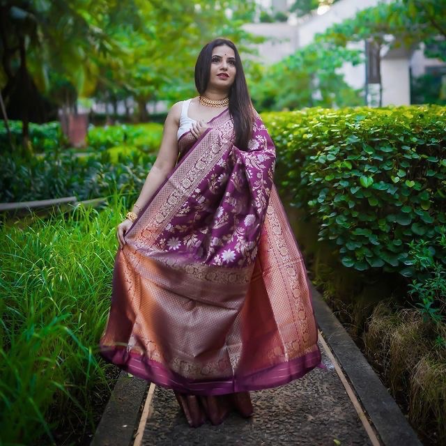 Attractive Wine Floral Printed Banarasi Soft Silk by Icultuer