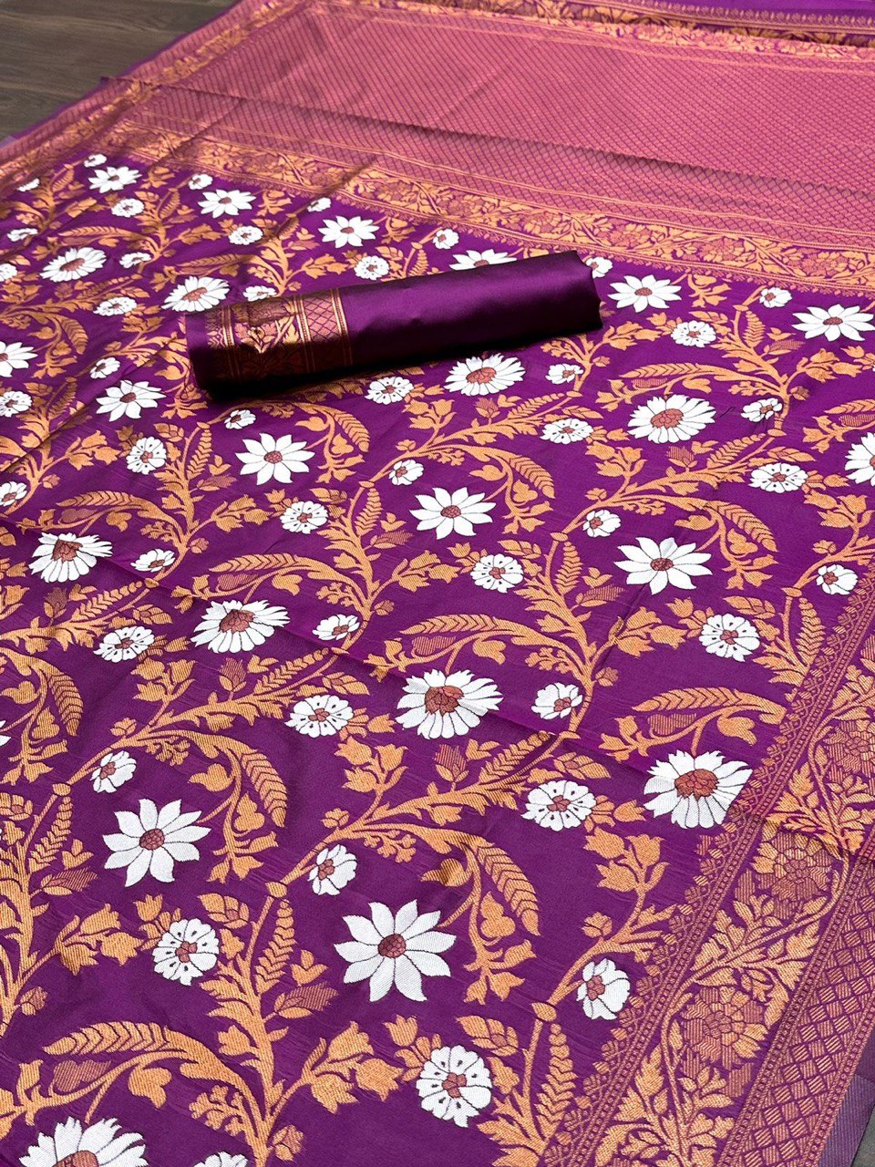 Attractive Wine Floral Printed Banarasi Soft Silk by Icultuer
