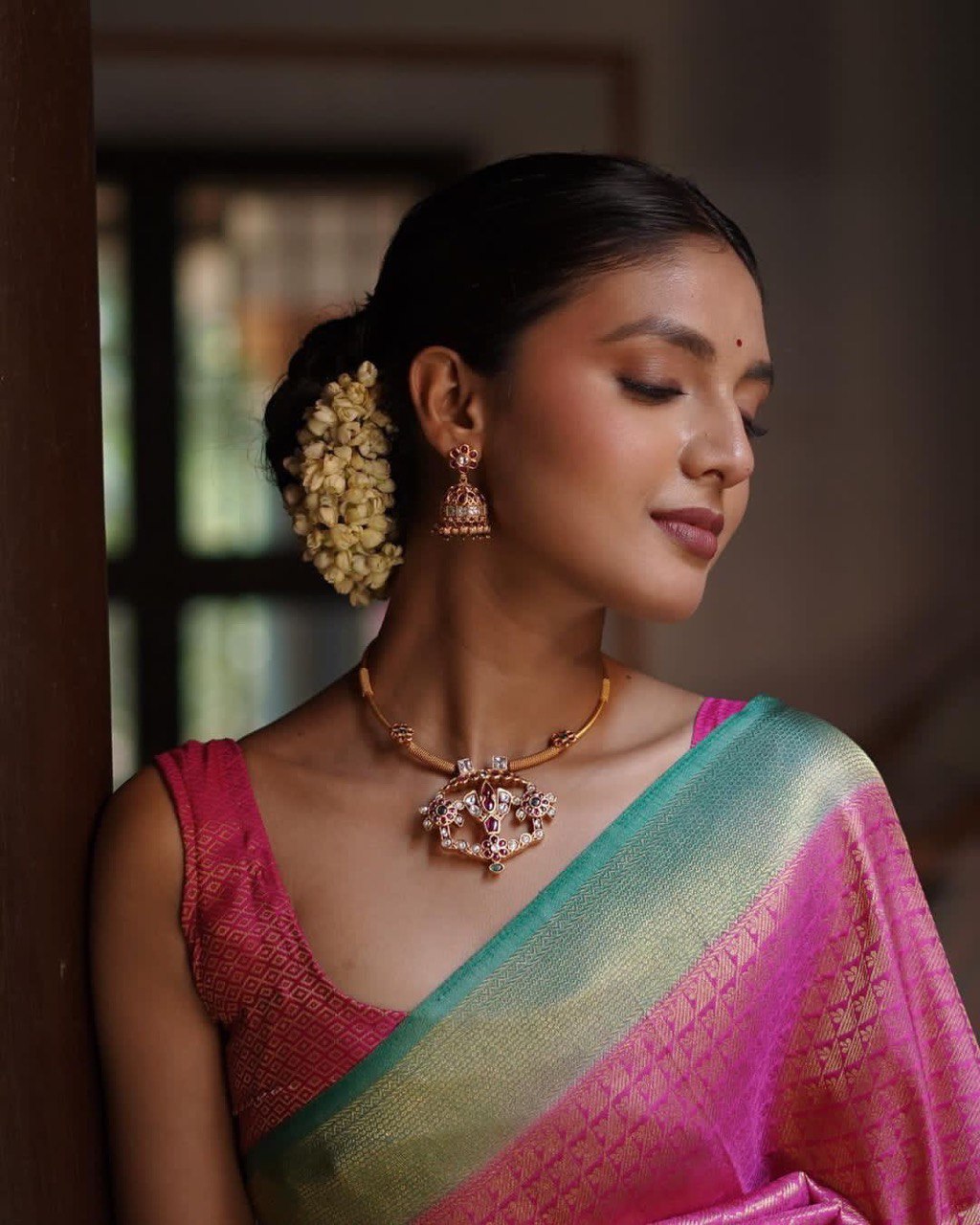 Pink Lichi Silk Banarasi pink by Icultuer for women