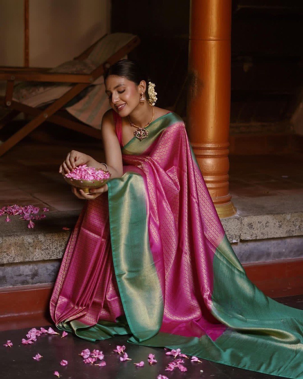 Pink Lichi Silk Banarasi pink by Icultuer for women