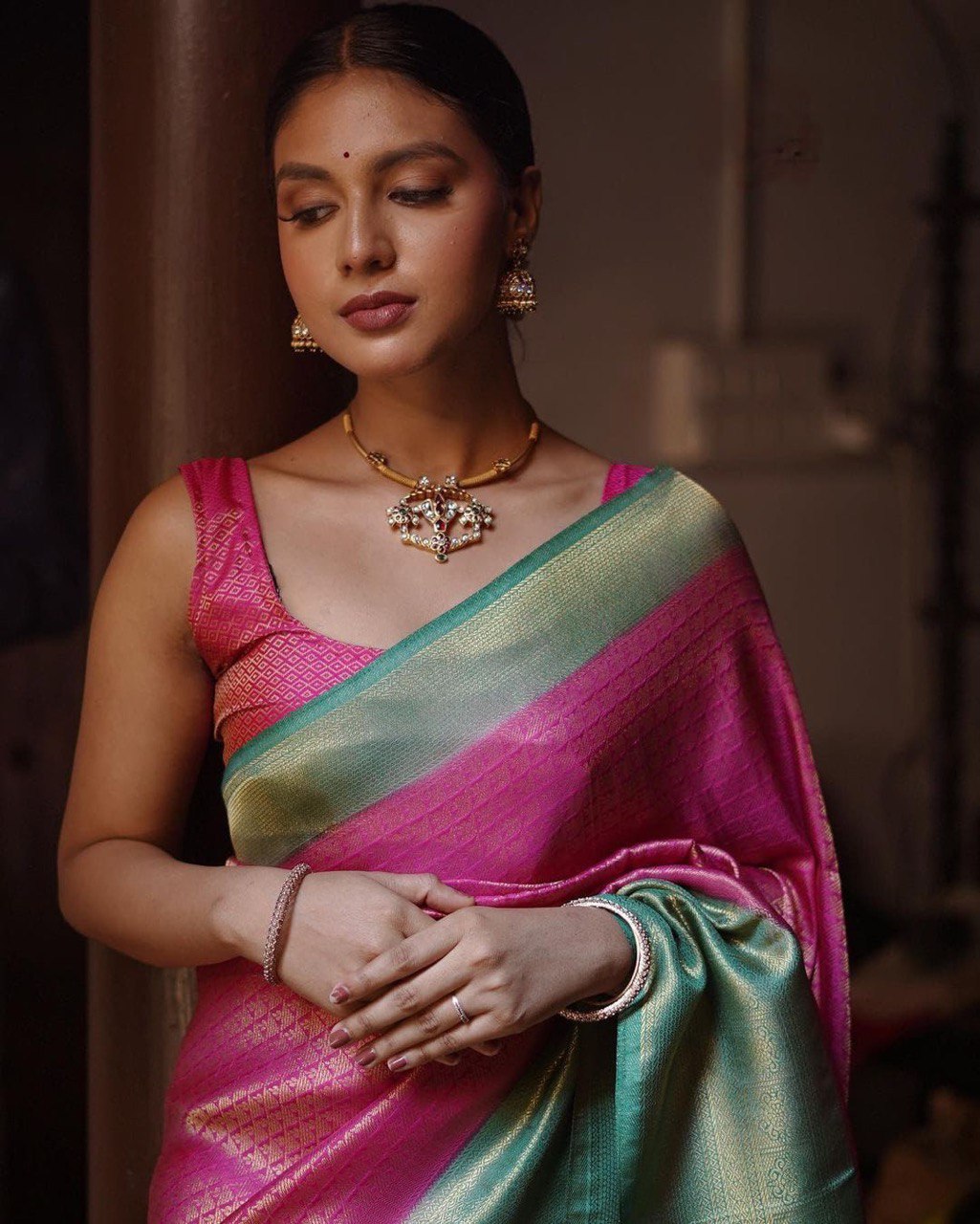 Pink Lichi Silk Banarasi pink by Icultuer for women