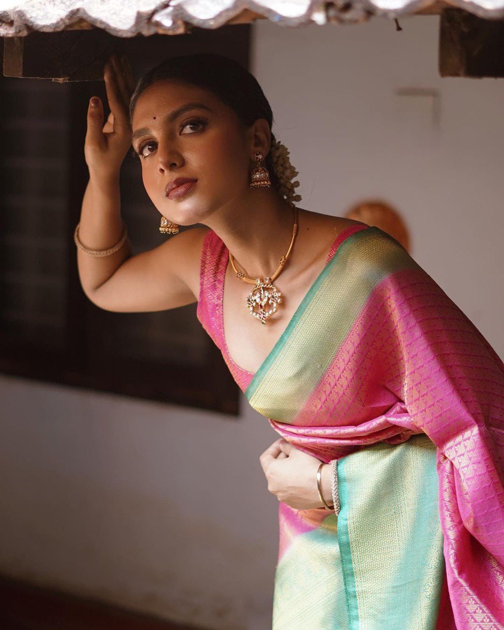 Pink Lichi Silk Banarasi pink by Icultuer for women