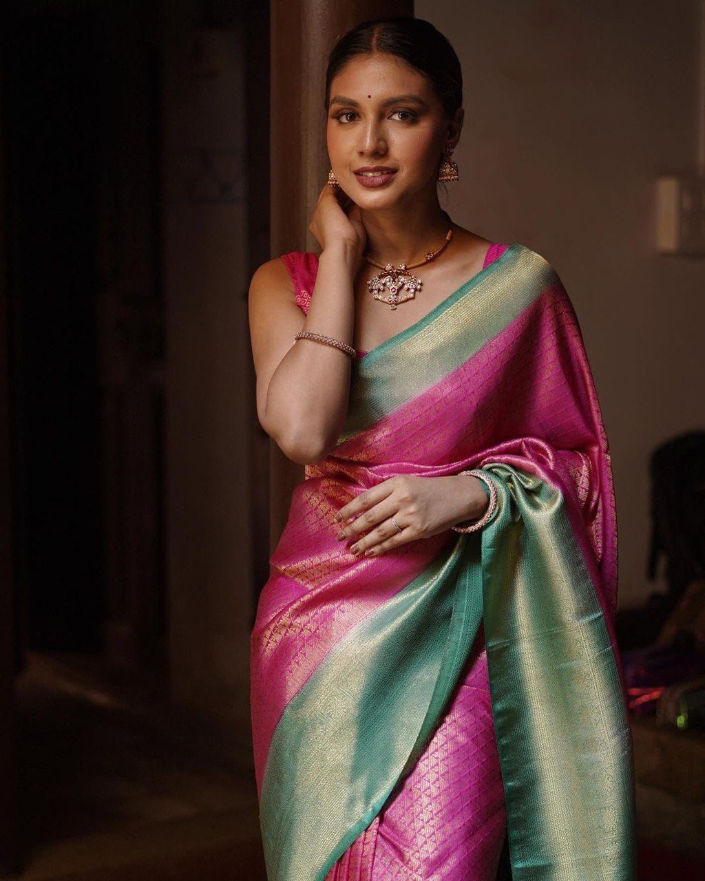 Pink Lichi Silk Banarasi pink by Icultuer for women