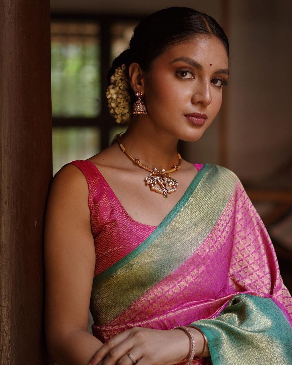 Pink Lichi Silk Banarasi pink by Icultuer for women