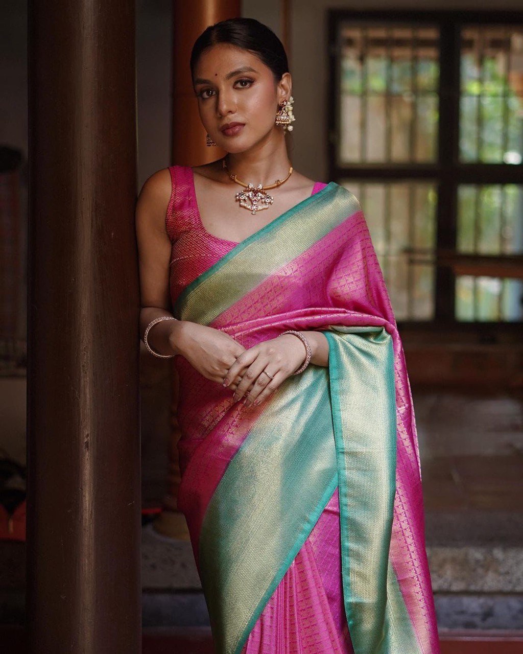 Pink Lichi Silk Banarasi pink by Icultuer for women