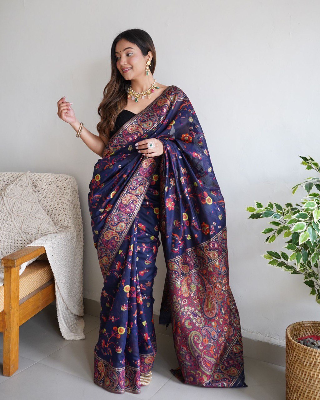 Blue Pure Zari Weaving Banarasi by Icultuer for Party Wear