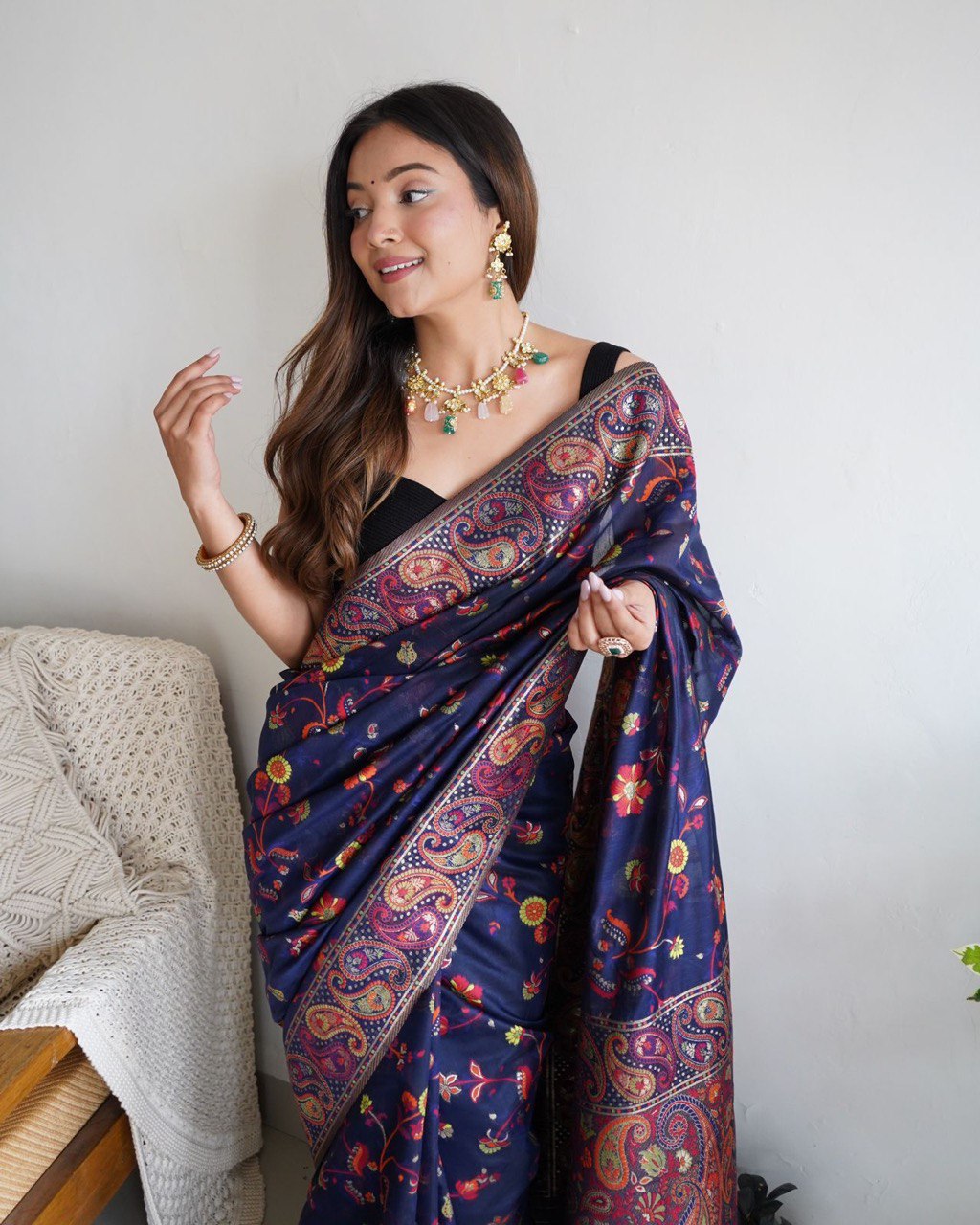 Blue Pure Zari Weaving Banarasi by Icultuer for Party Wear
