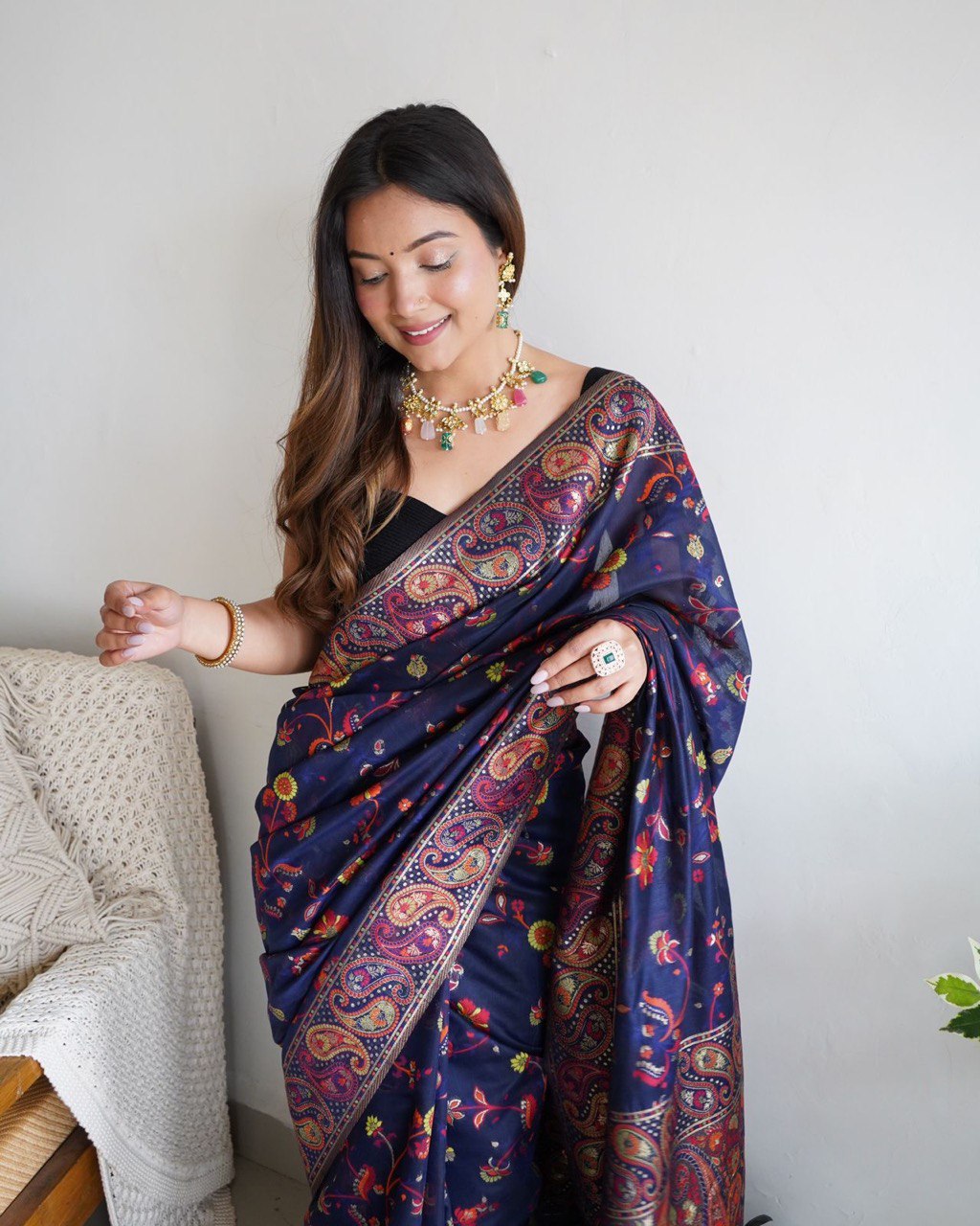 Blue Pure Zari Weaving Banarasi by Icultuer for Party Wear