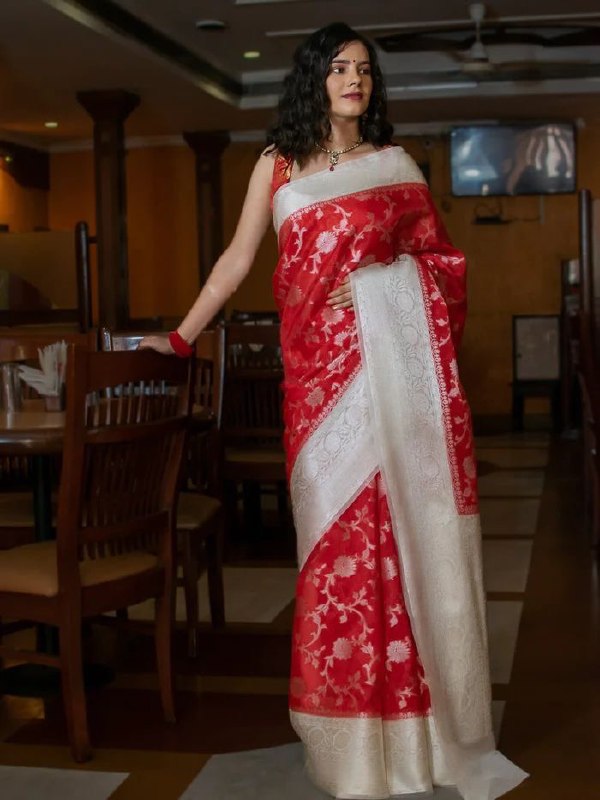 Red Semi Silk by Icultuer with Zari Weaving Work