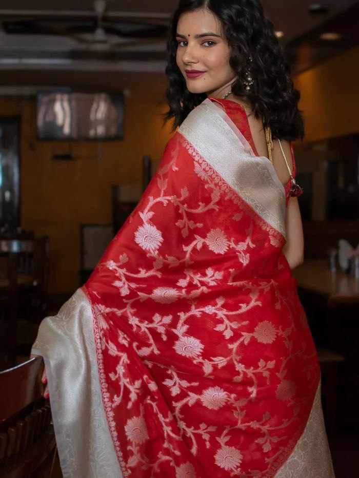 Red Semi Silk by Icultuer with Zari Weaving Work