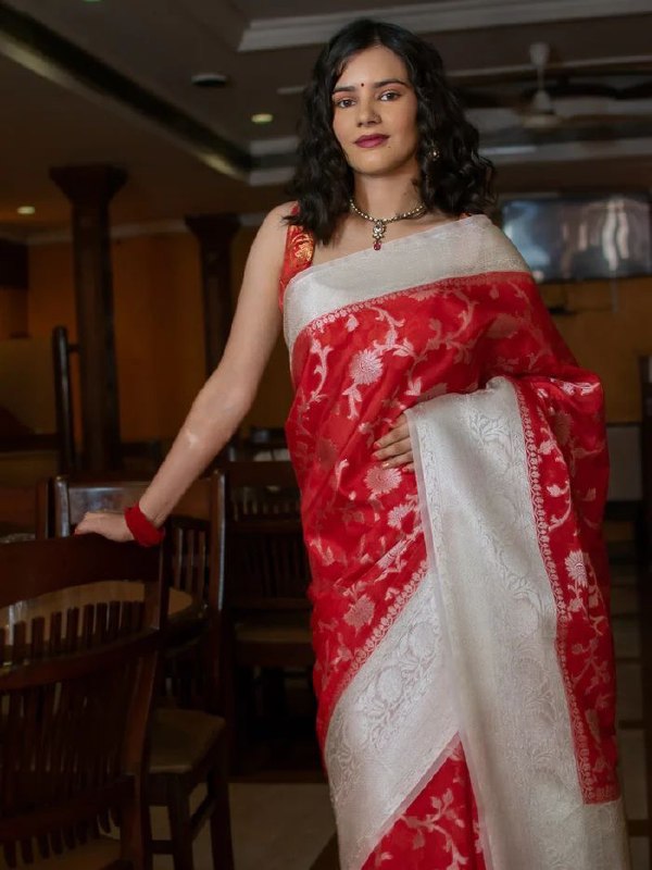 Red Semi Silk by Icultuer with Zari Weaving Work