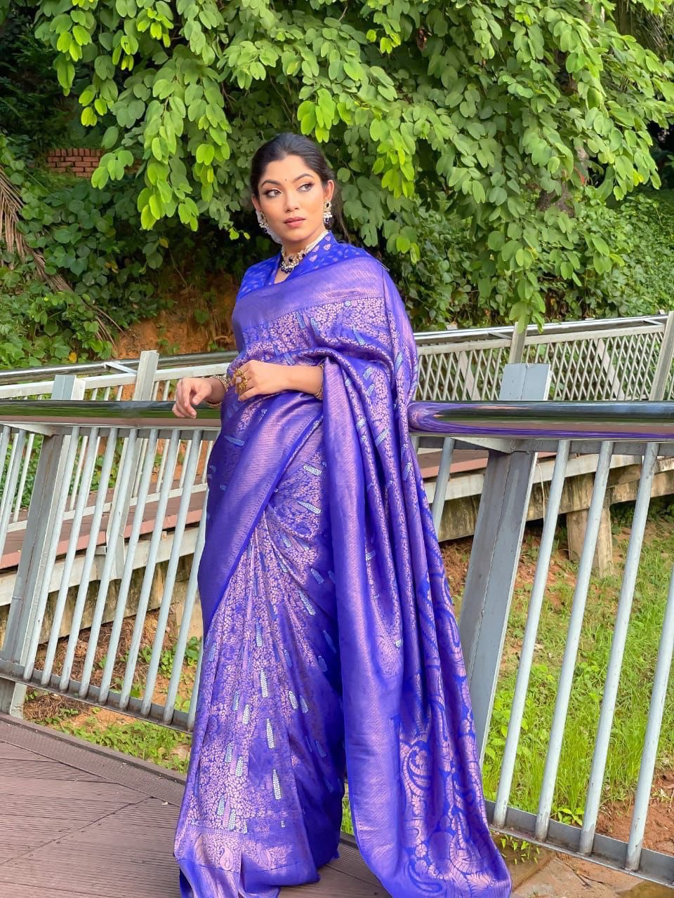 Blue Zari Woven Banarasi Soft Silk by Icultuer for Wedding