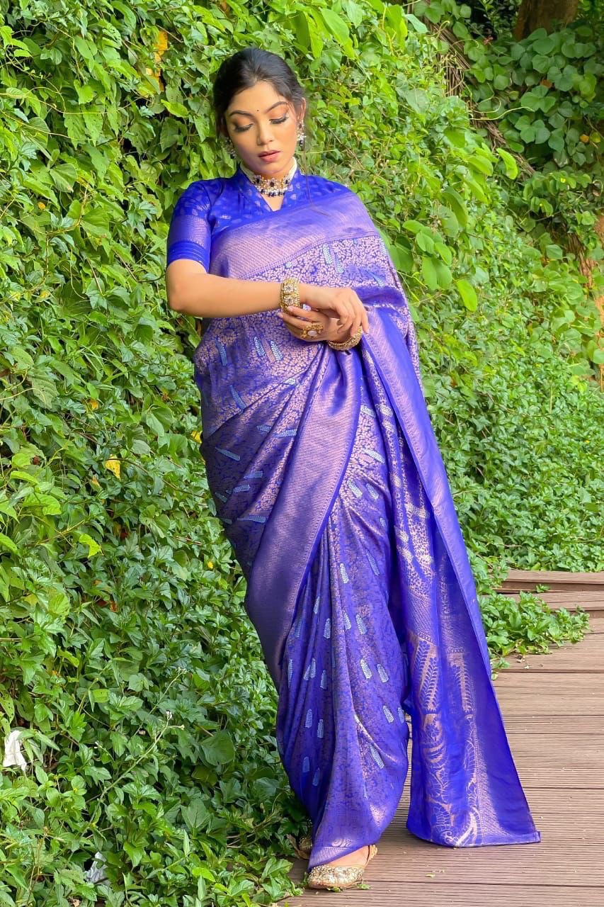 Blue Zari Woven Banarasi Soft Silk by Icultuer for Wedding