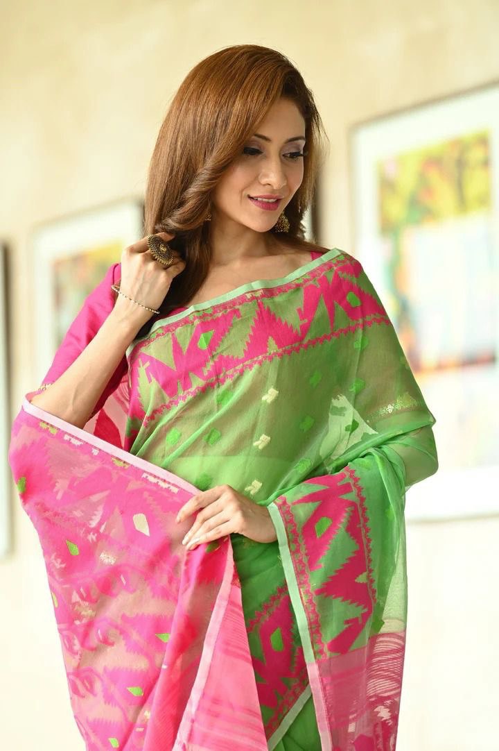 Green Soft Hand Woven Jamdani Cotton by Icultuer