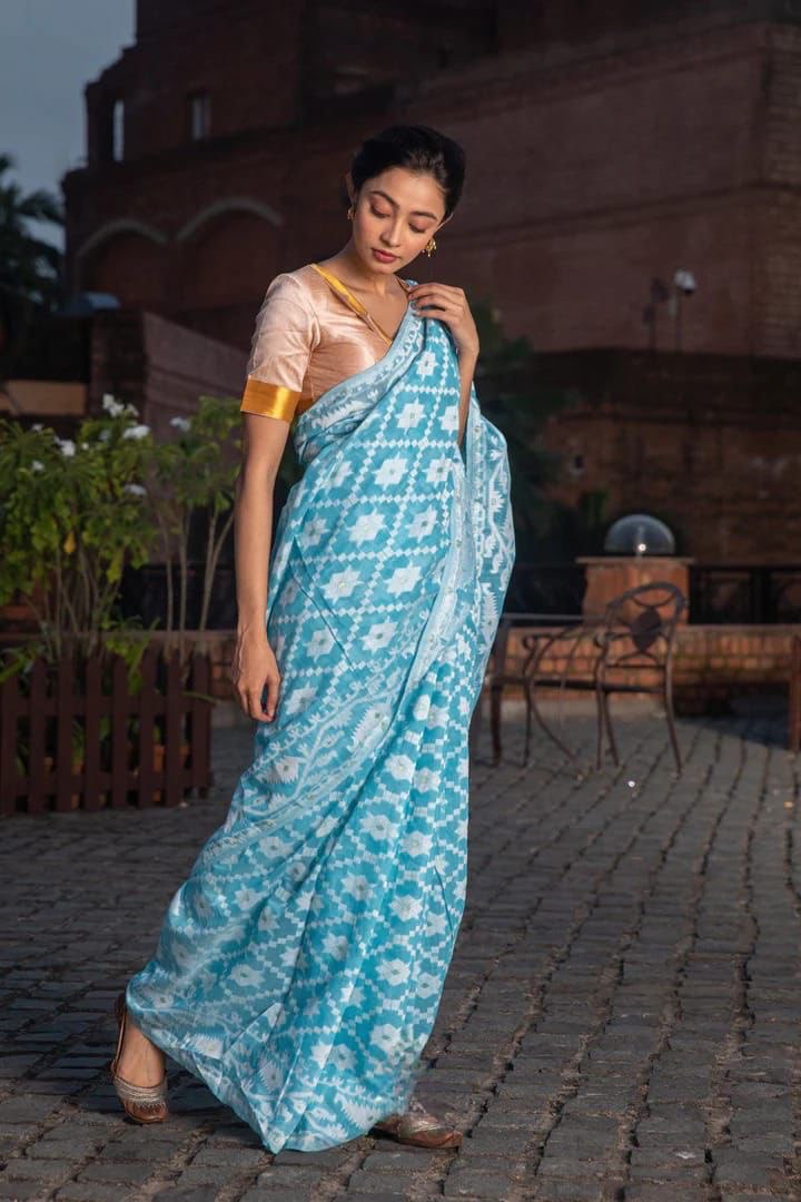 Blue Color Jacquard Cotton Silk Jamdani by Icultuer