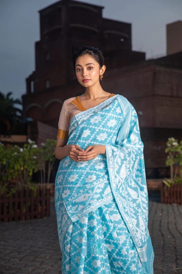 Blue Color Jacquard Cotton Silk Jamdani by Icultuer