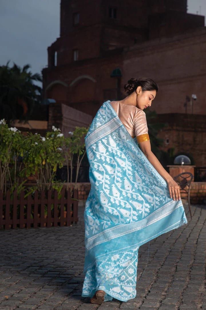 Blue Color Jacquard Cotton Silk Jamdani by Icultuer