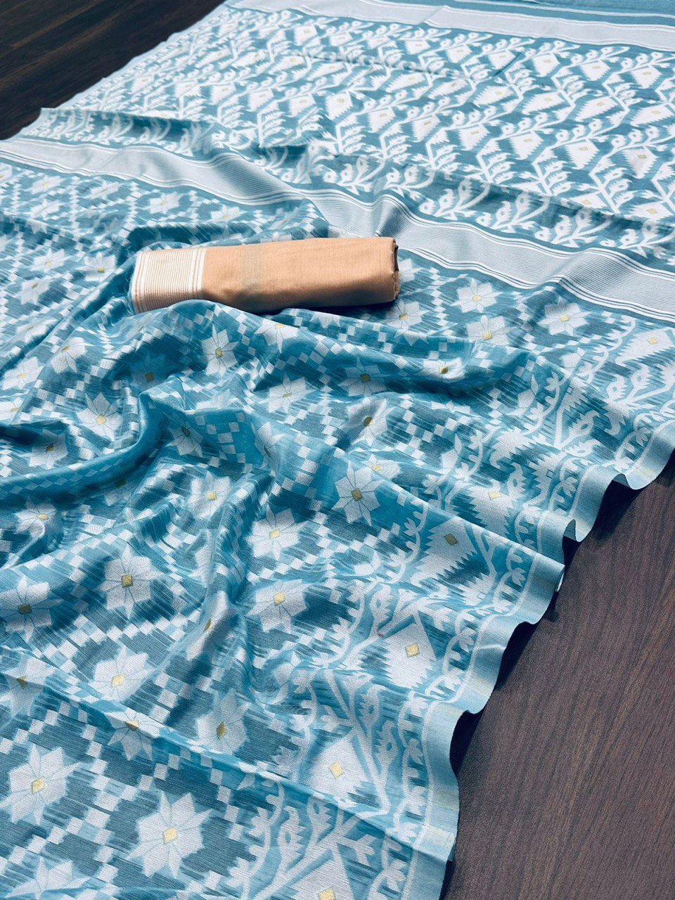 Blue Color Jacquard Cotton Silk Jamdani by Icultuer