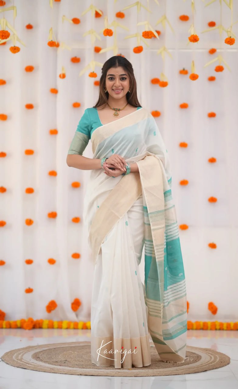 icultural White & Sea Green Handloom Style Cotton Saree with Contrast Border