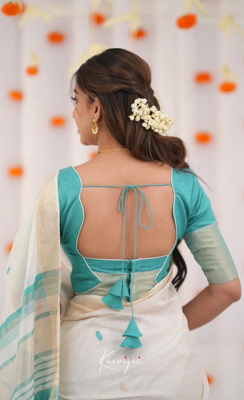 icultural White & Sea Green Handloom Style Cotton Saree with Contrast Border