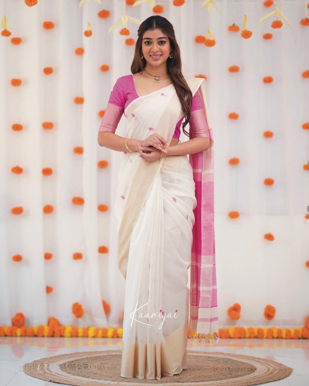 icultural White & Rani Pink Handloom Style Cotton Saree with Contrast Pallu