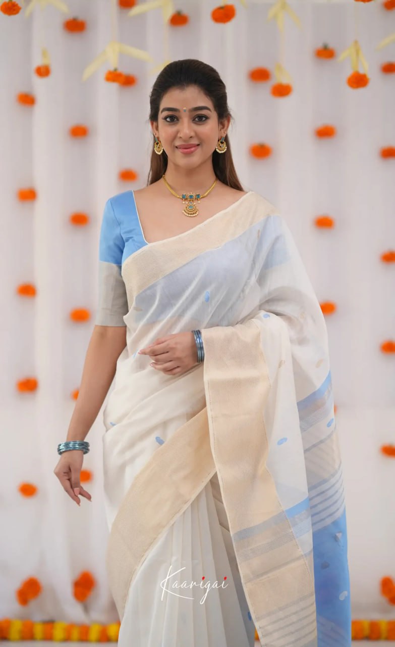 icultural White & Sky Blue Handloom Style Cotton Saree with Soft Contrast Pallu