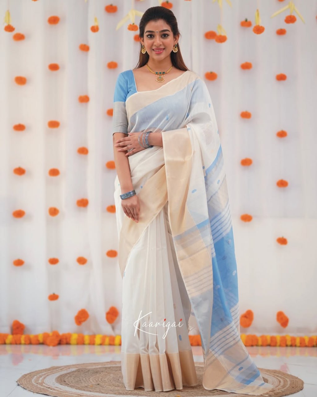icultural White & Sky Blue Handloom Style Cotton Saree with Soft Contrast Pallu