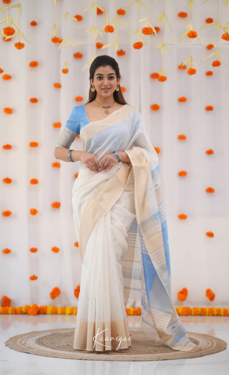 icultural White & Sky Blue Handloom Style Cotton Saree with Soft Contrast Pallu