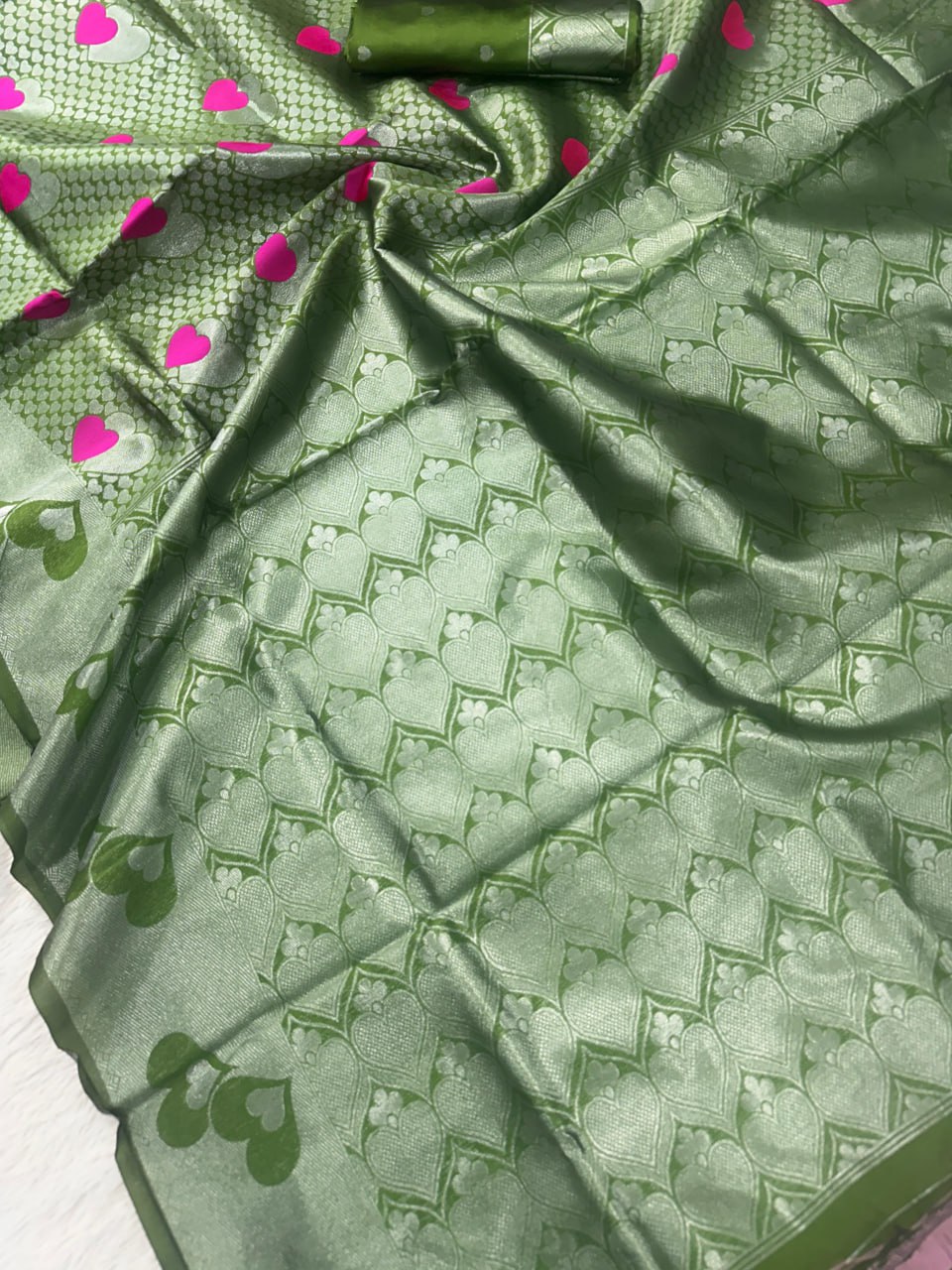 Modern icultural Silk Saree with Silver Zari Heart Motifs & Cyan Accents