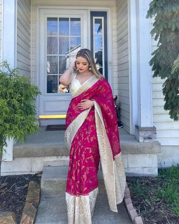 Pink Pure Soft Lichi Silk Flower Print by Icultuer