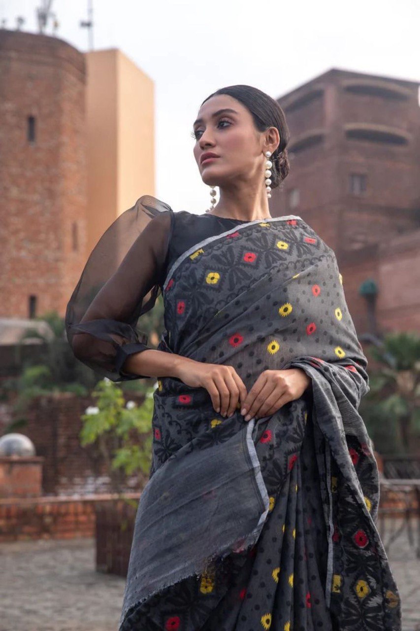 Black Linen Cotton Slab Weaving Banarasi Silk by Icultuer