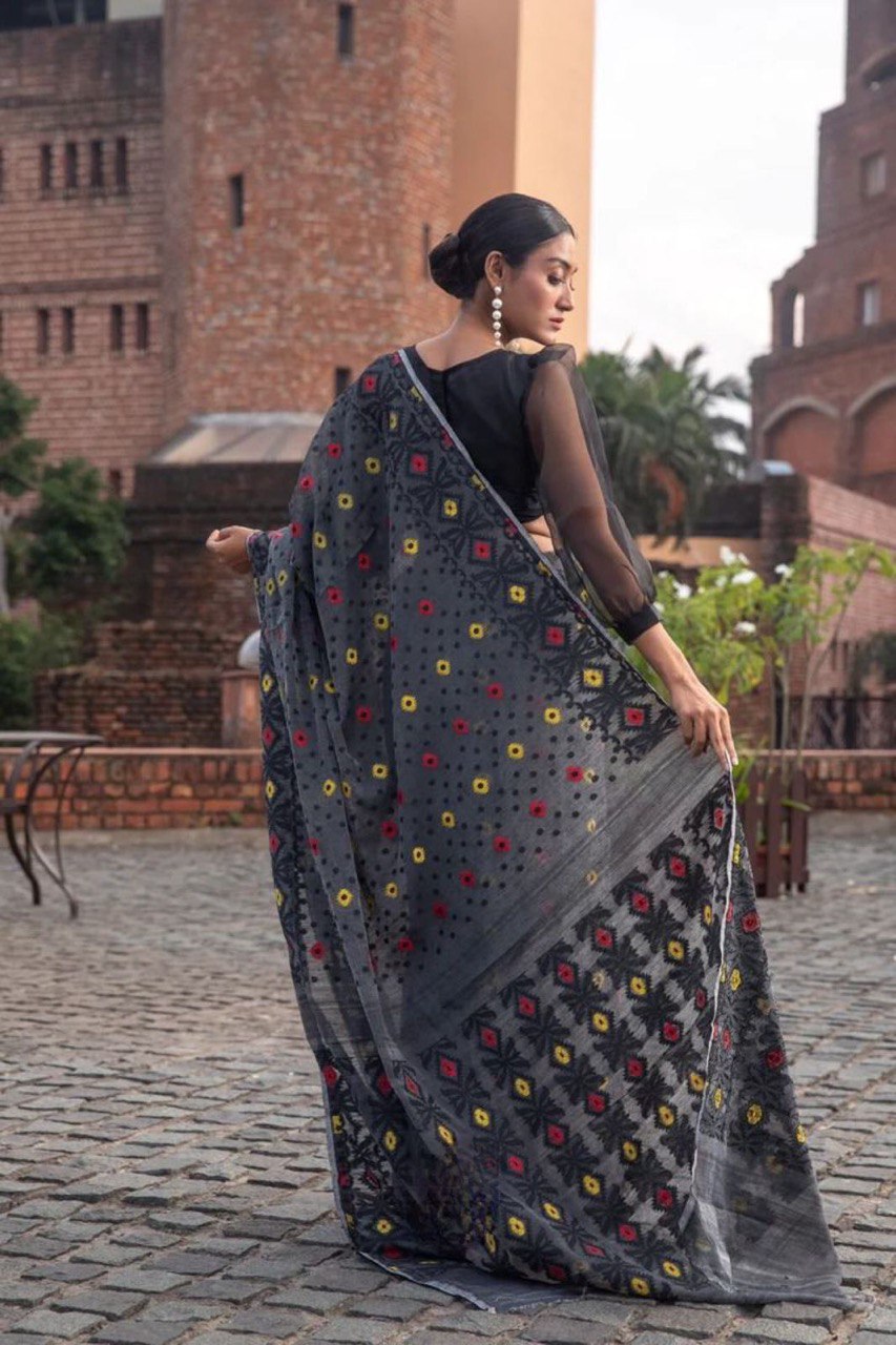 Black Linen Cotton Slab Weaving Banarasi Silk by Icultuer