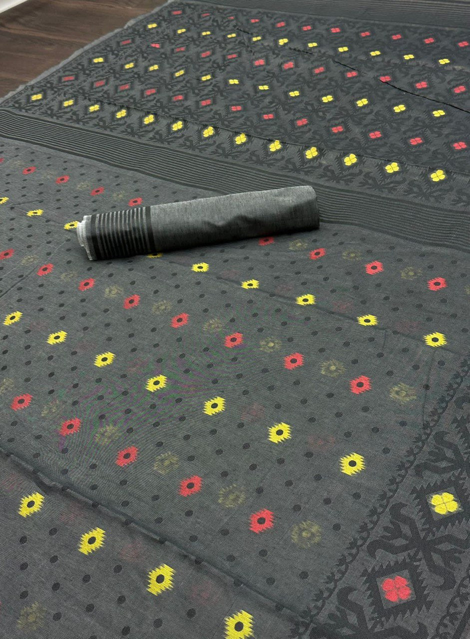 Black Linen Cotton Slab Weaving Banarasi Silk by Icultuer