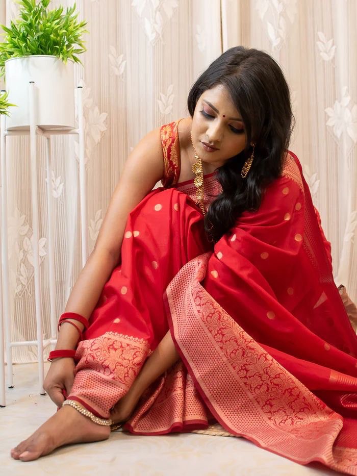 Red Soft Lichi Silk Banarasi by Icultuer