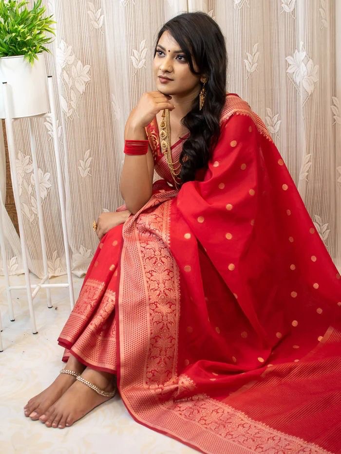 Red Soft Lichi Silk Banarasi by Icultuer