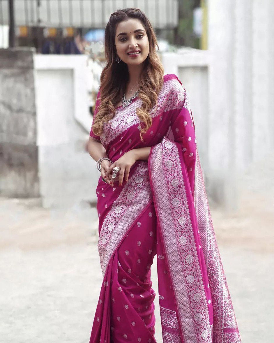 Purple Banarasi Soft Lichi Silver Weaving by Icultuer