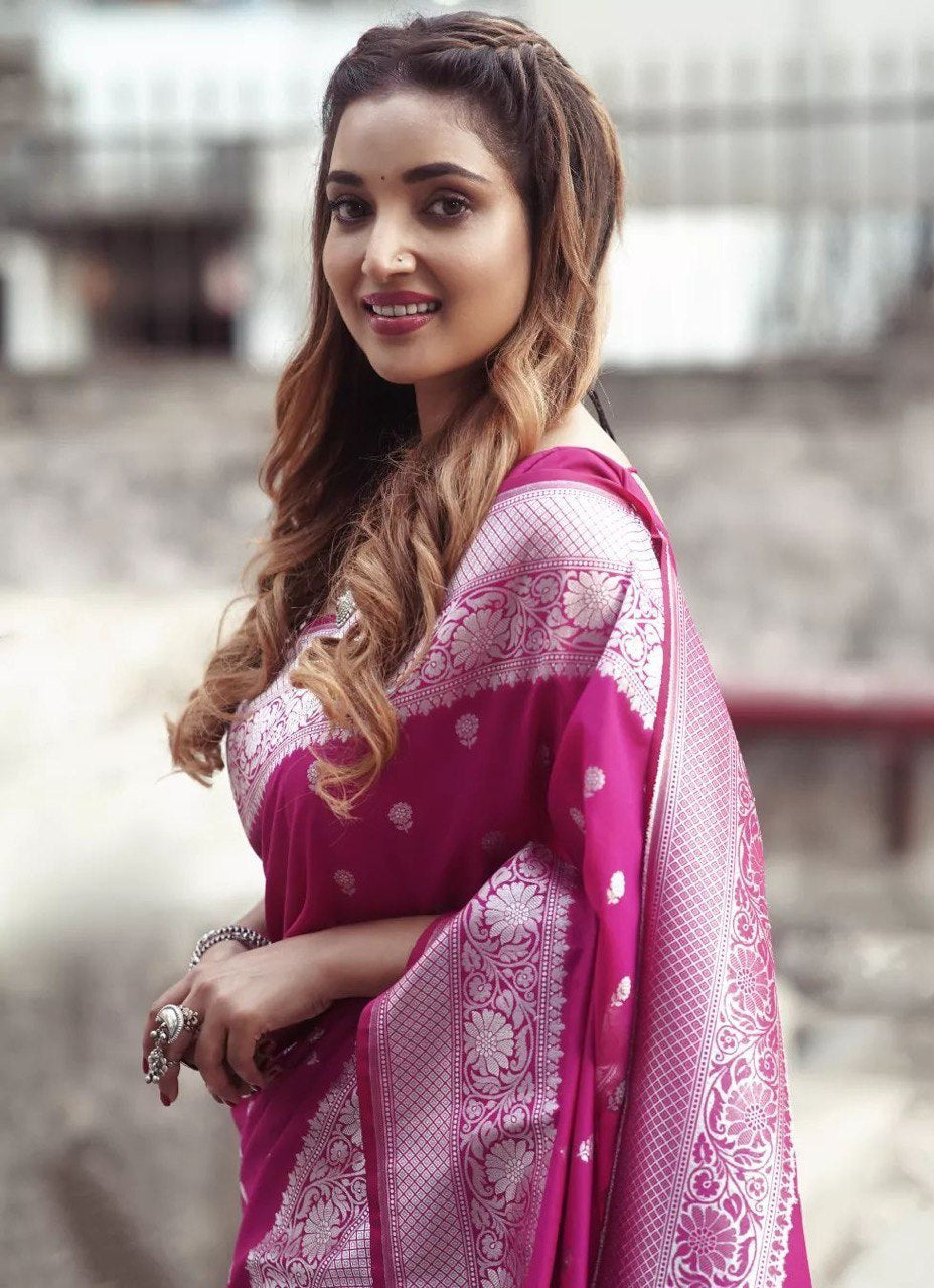 Purple Banarasi Soft Lichi Silver Weaving by Icultuer