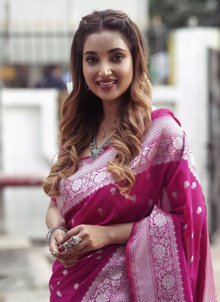 Purple Banarasi Soft Lichi Silver Weaving by Icultuer