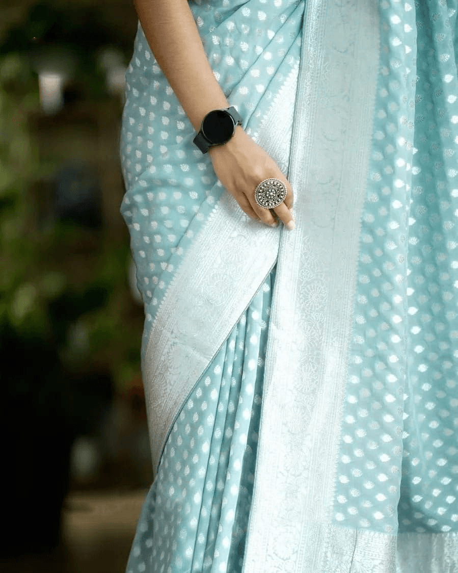 Pure Crepe Silk Saree with Intricate Zari Work & Designer Blouse