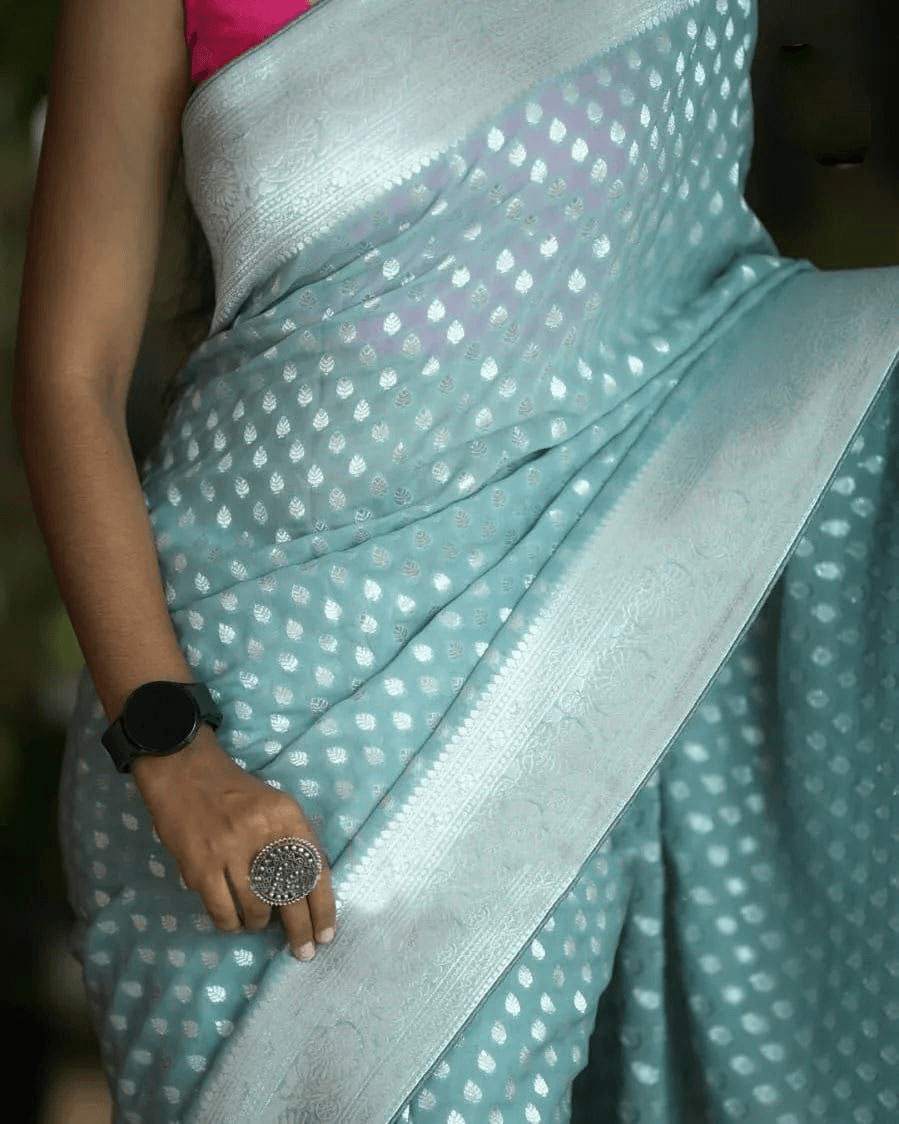 Pure Crepe Silk Saree with Intricate Zari Work & Designer Blouse