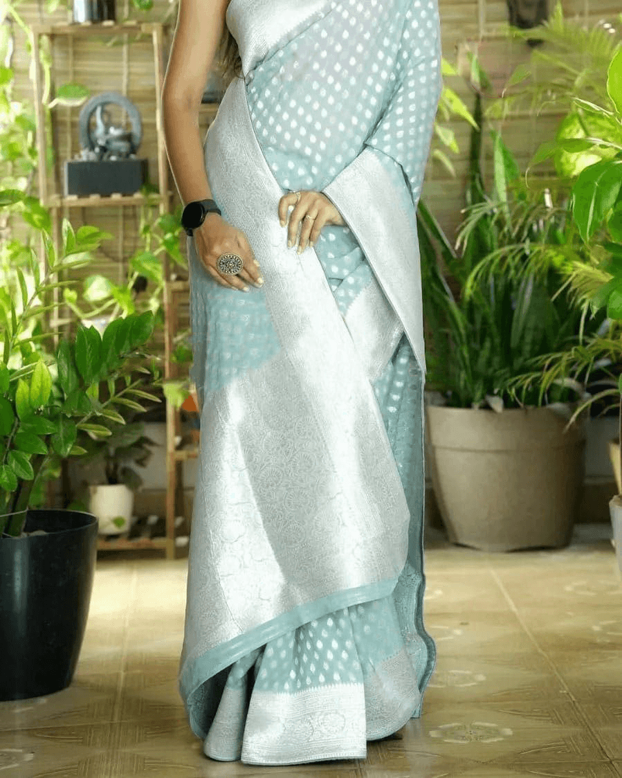 Pure Crepe Silk Saree with Intricate Zari Work & Designer Blouse