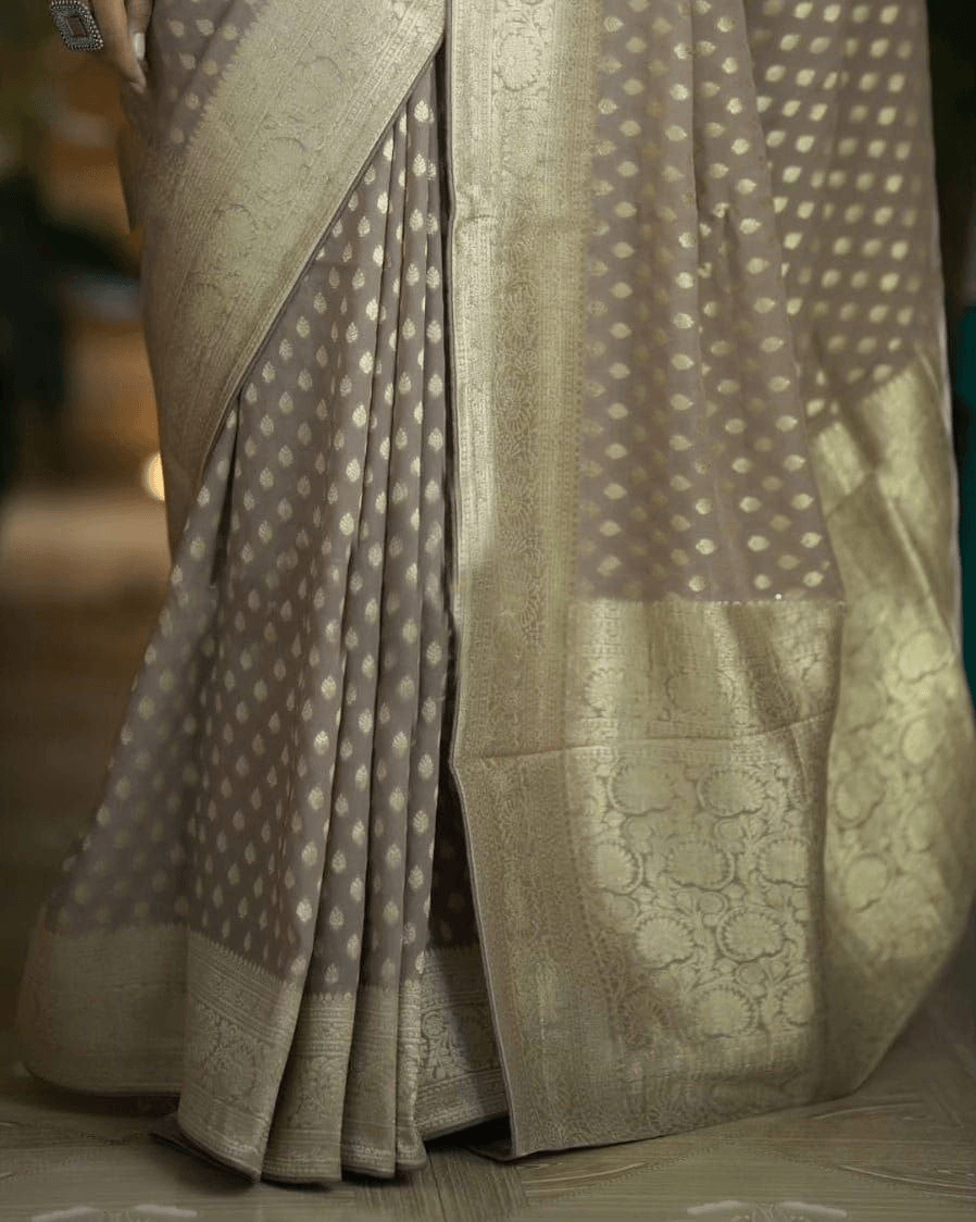 Exclusive Crepe Silk Saree with Rich Zari Pallu & Contrast Blouse