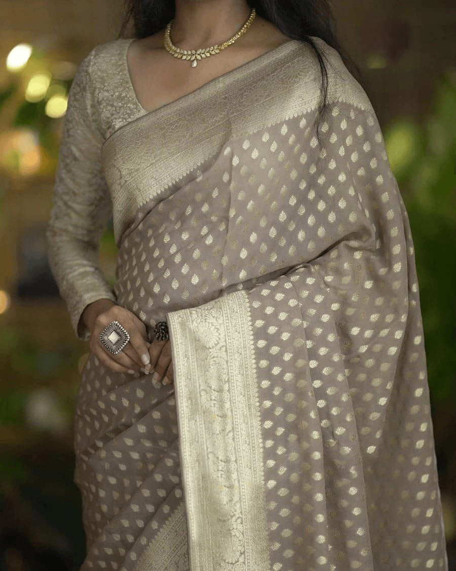 Exclusive Crepe Silk Saree with Rich Zari Pallu & Contrast Blouse