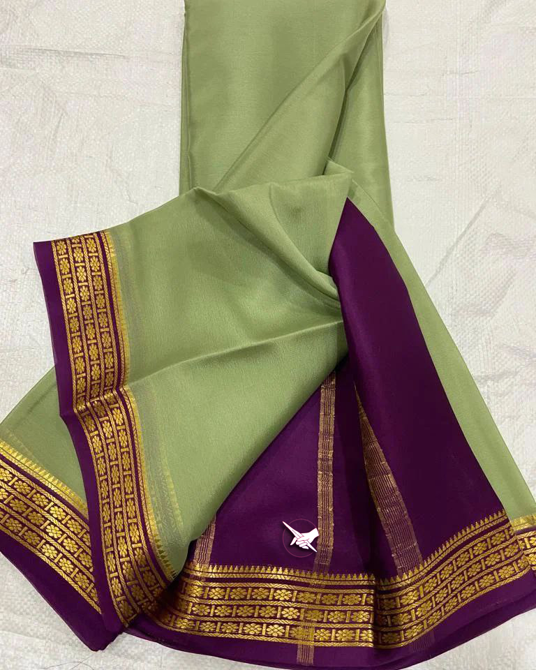 Exclusive Zari Border Pista nd Wine Plain Mysore Silk by Icultuer