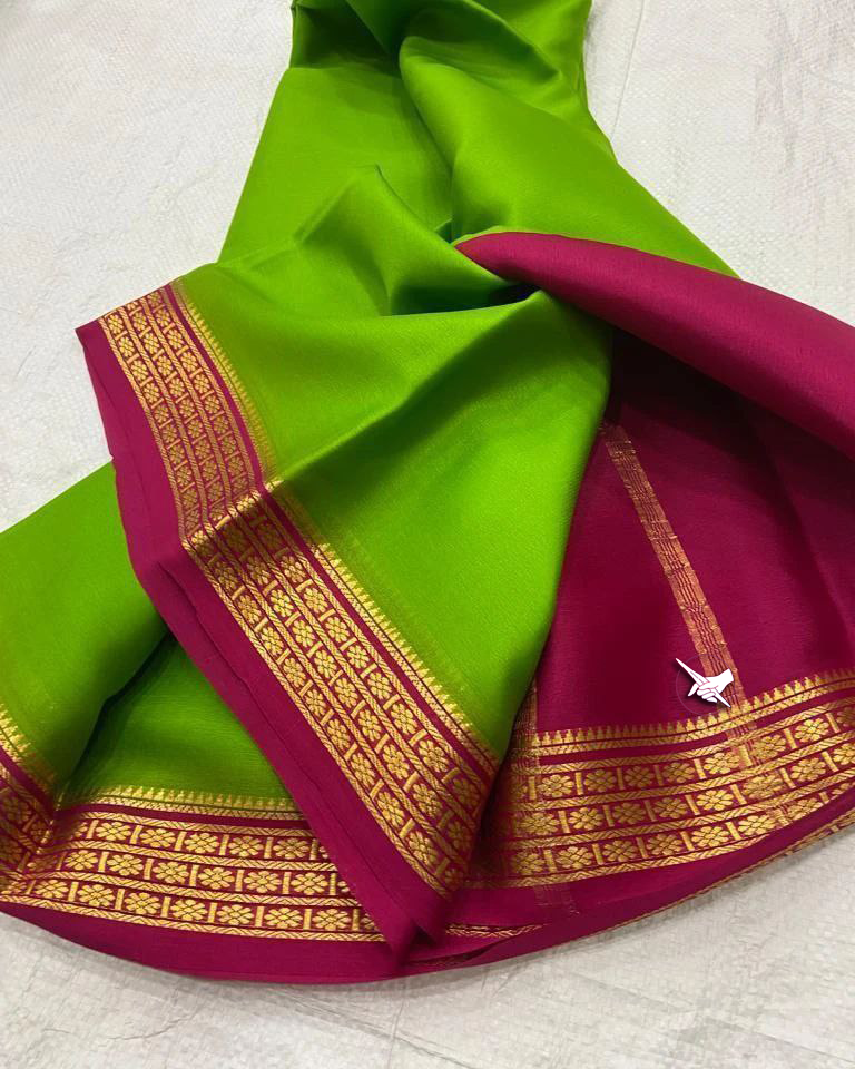 Exclusive  Zari Border Light Green nd Pink Plain Mysore Silk by Icultuer