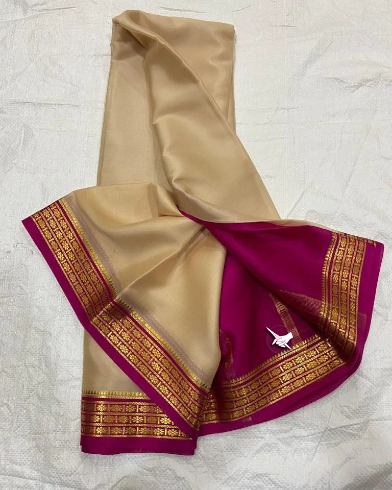 Exclusive Zari Border Chiku nd Pink Colour Semi Mysore Silk by Icultuer