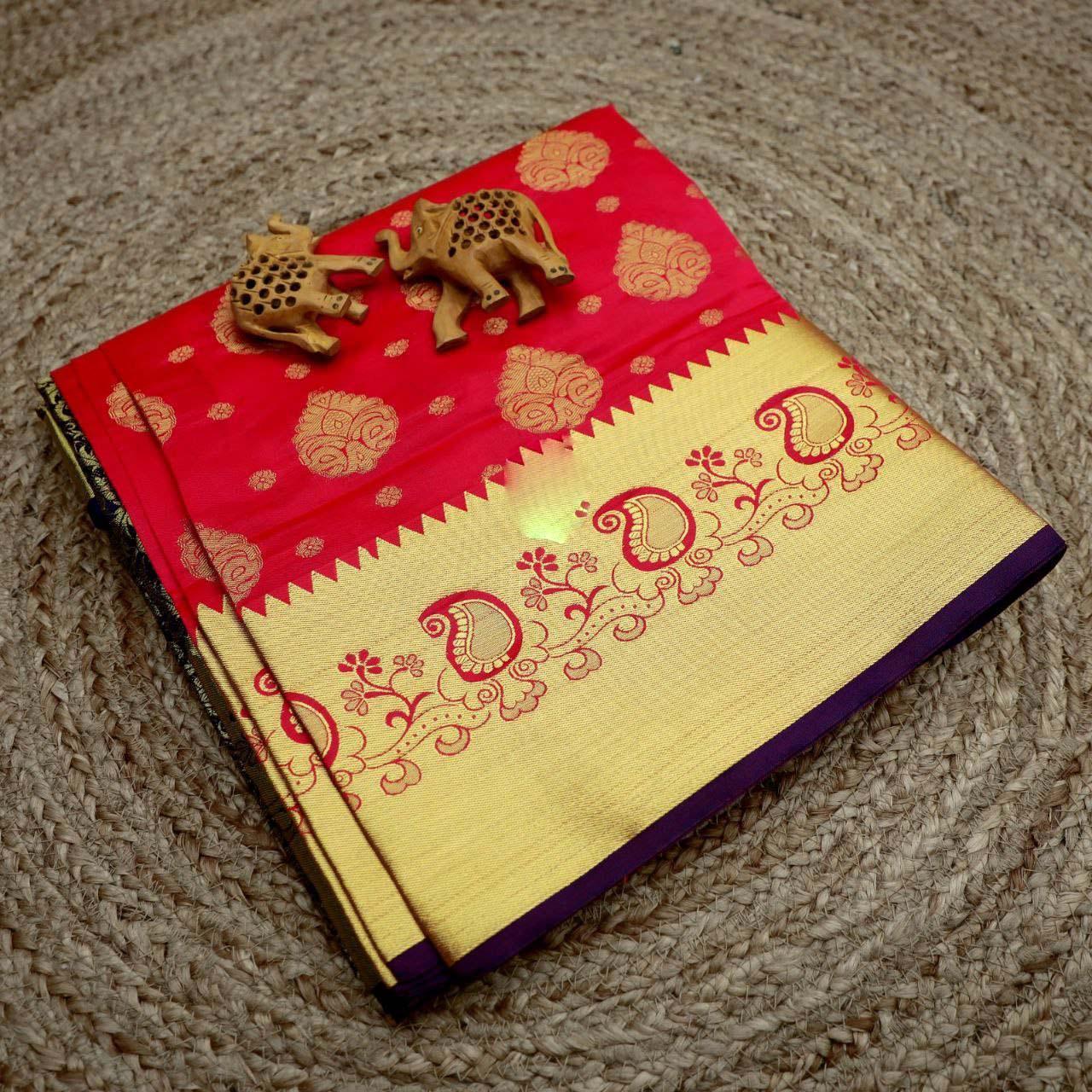 Elegant Bridal Silk Saree – Pure Weave With Golden Zari Border