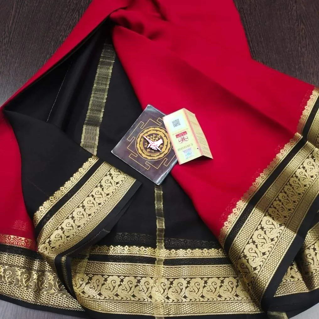 Exclusive Zari Border Silver Red  With Black Colour Plain Mysore Silk by Icultuer